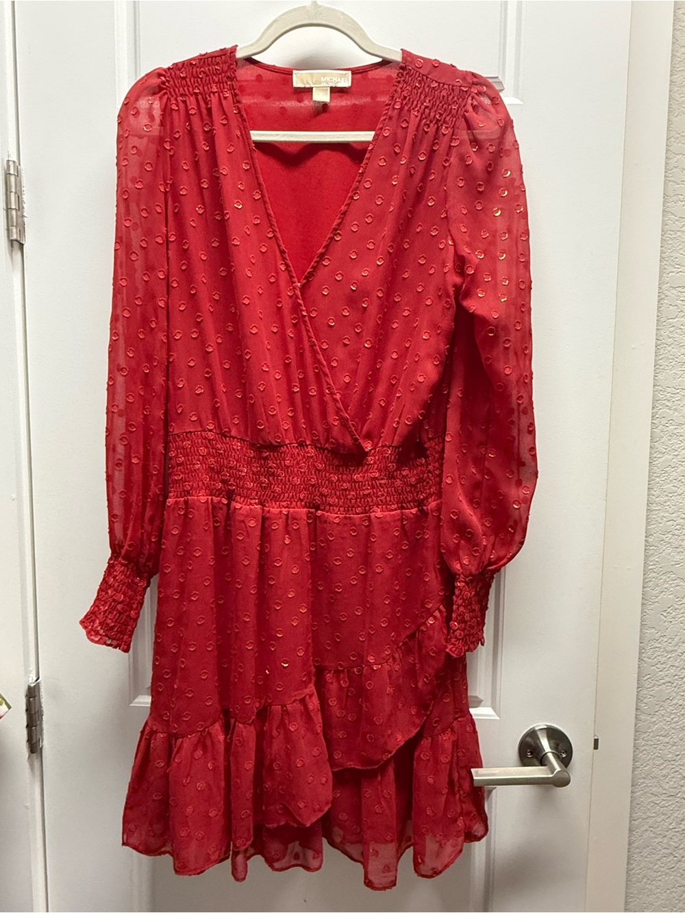Michael Kors Red Long-Sleeve V-Neck Dot Jacquard Ruffle Dress